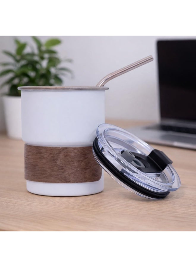 Insulated Stainless Steel Tumbler Beverage Mug with Lid & Steel Straw Wooden Grip Tea / Coffee Cup - Image 1